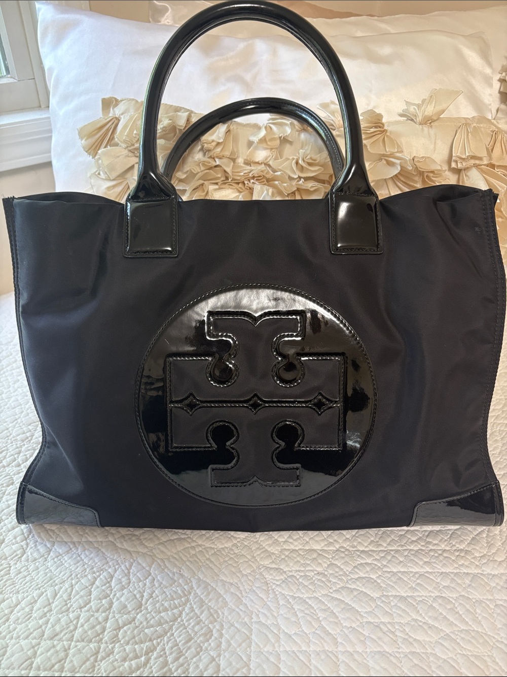 Tory Burch Black Nylon Tote with Patent Logo Detail